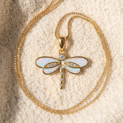 Dragonfly Necklace in Gold with Opal