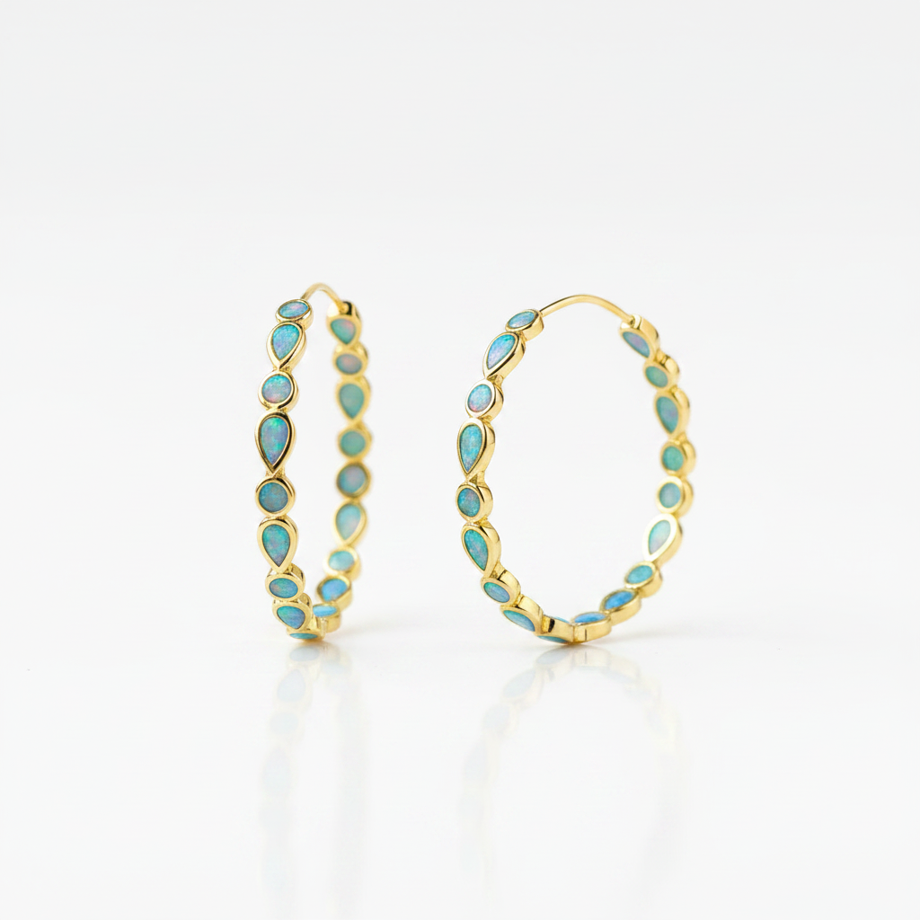 Vintage Blue Opal Golden Hoop Earrings