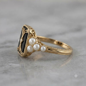 Black Enamel & Pearl Gold Ring