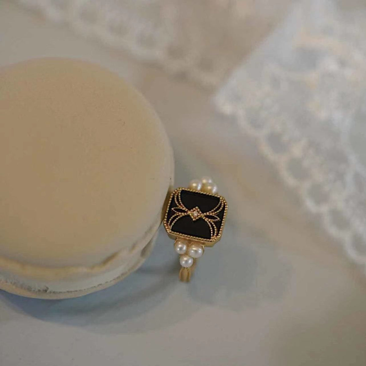 Black Enamel & Pearl Gold Ring