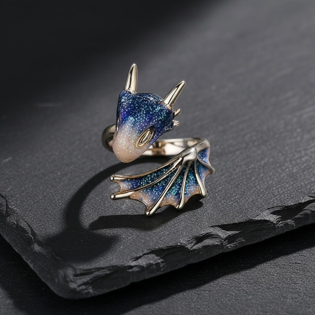 Adjustable Dragon Ring in Silver and Hand Painted Enamel