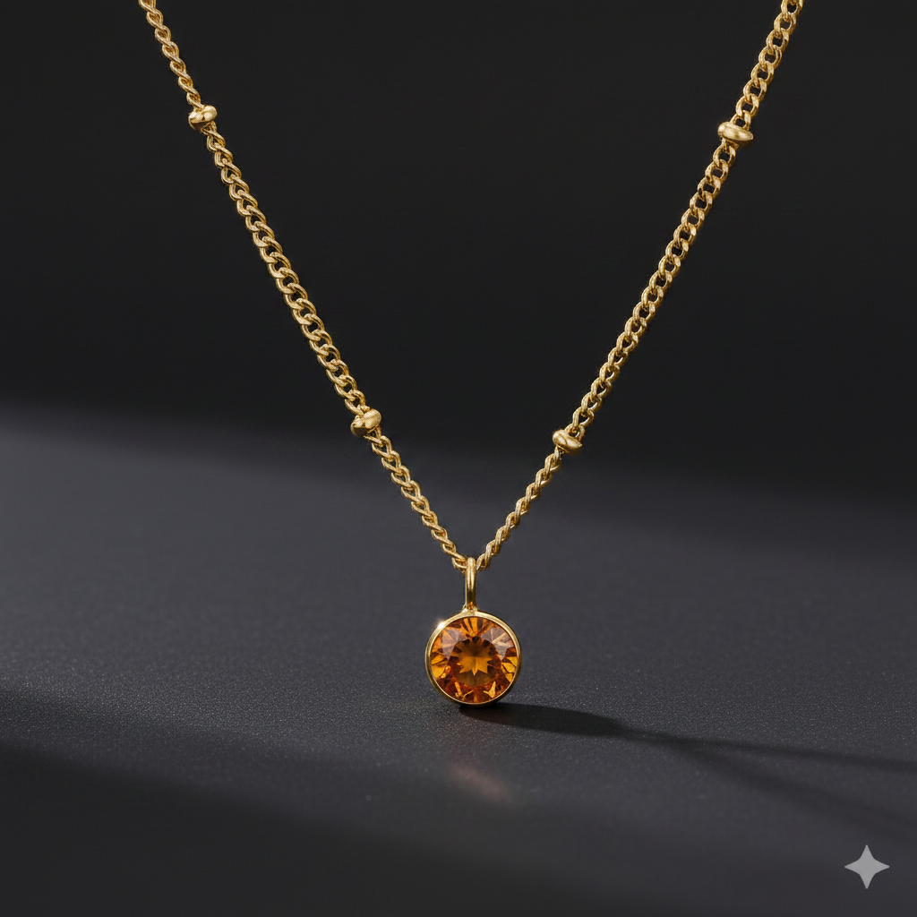 Personalized amber birthstone pendant necklace in gold-toned chain. By Sophi.