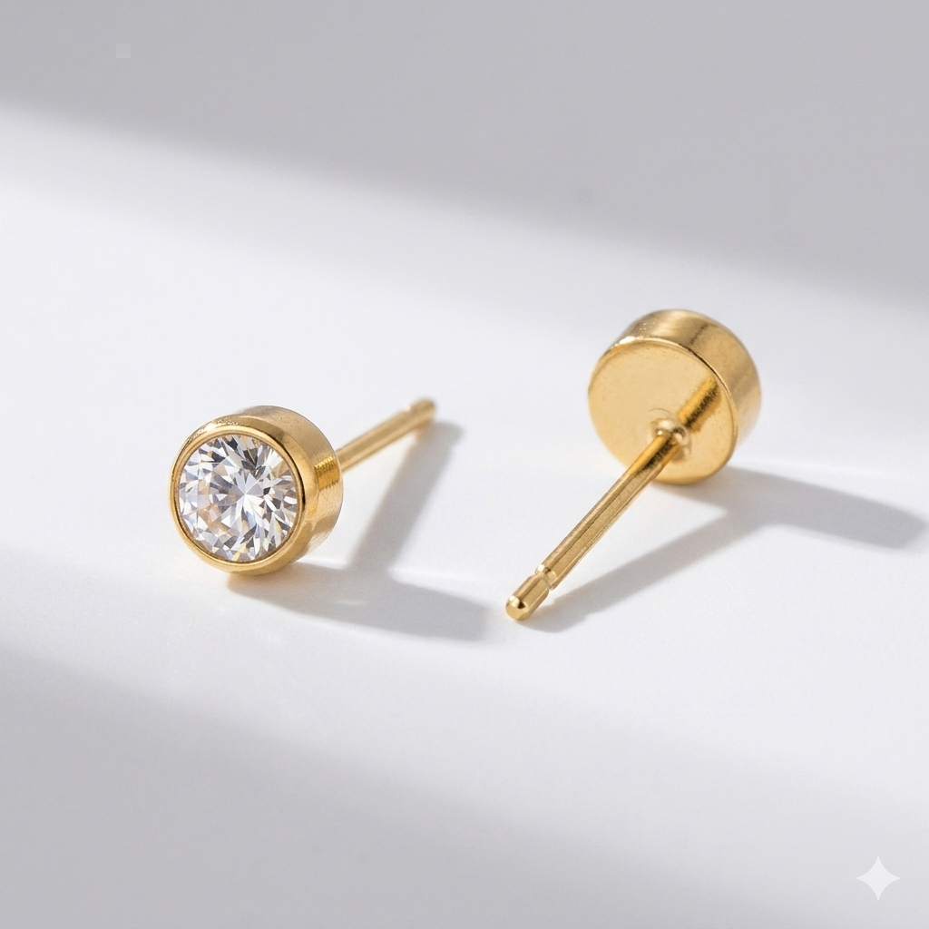 White topaz birthstone stud earrings in gold-toned bezel setting. By Sophi.