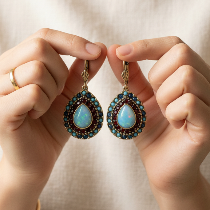 Blue Opal Mandala Drop Earrings — Antique Gold