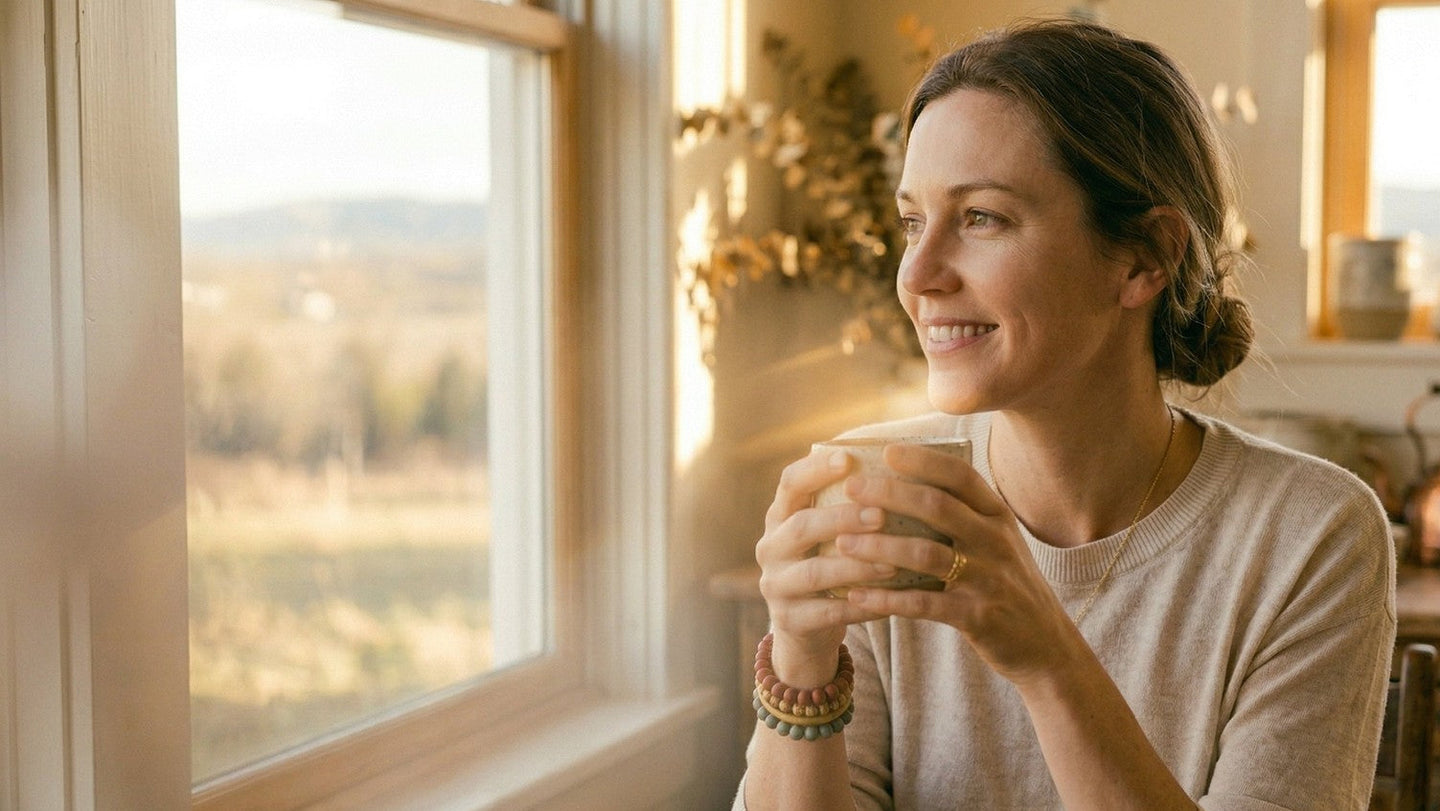 Woman holding a mug by a window with a scenic view