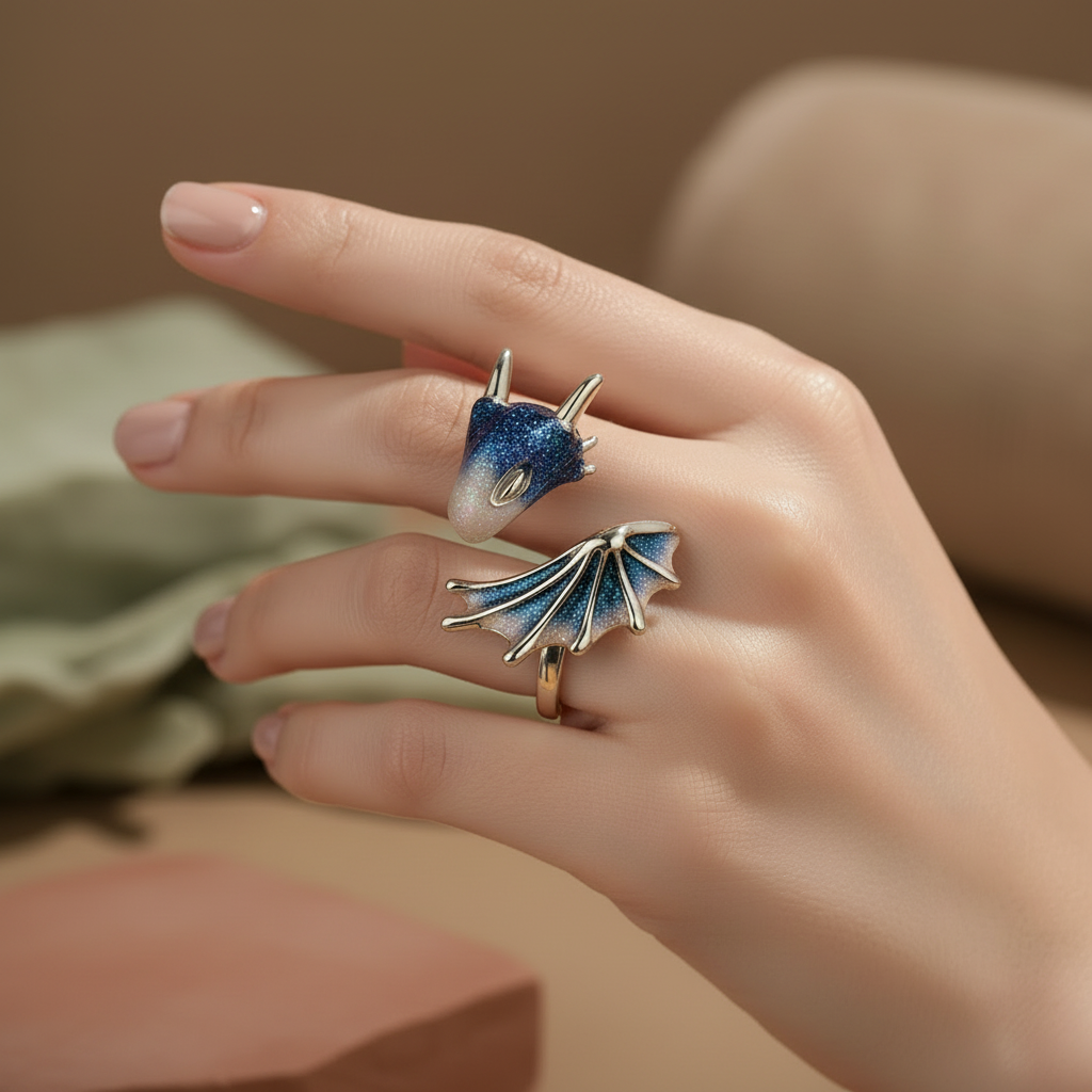 Adjustable Dragon Ring in Silver and Hand Painted Enamel