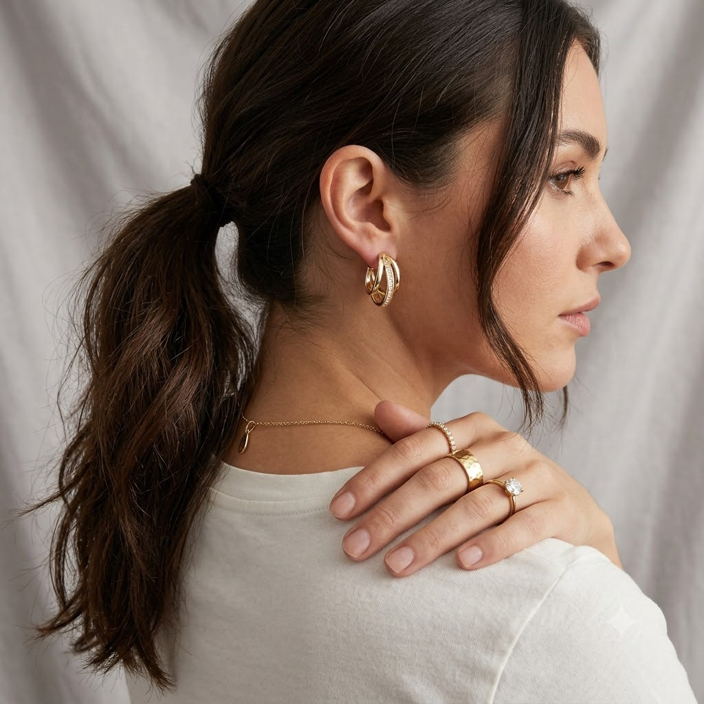 Three-Ring Drop Interlocking Earrings in Gold