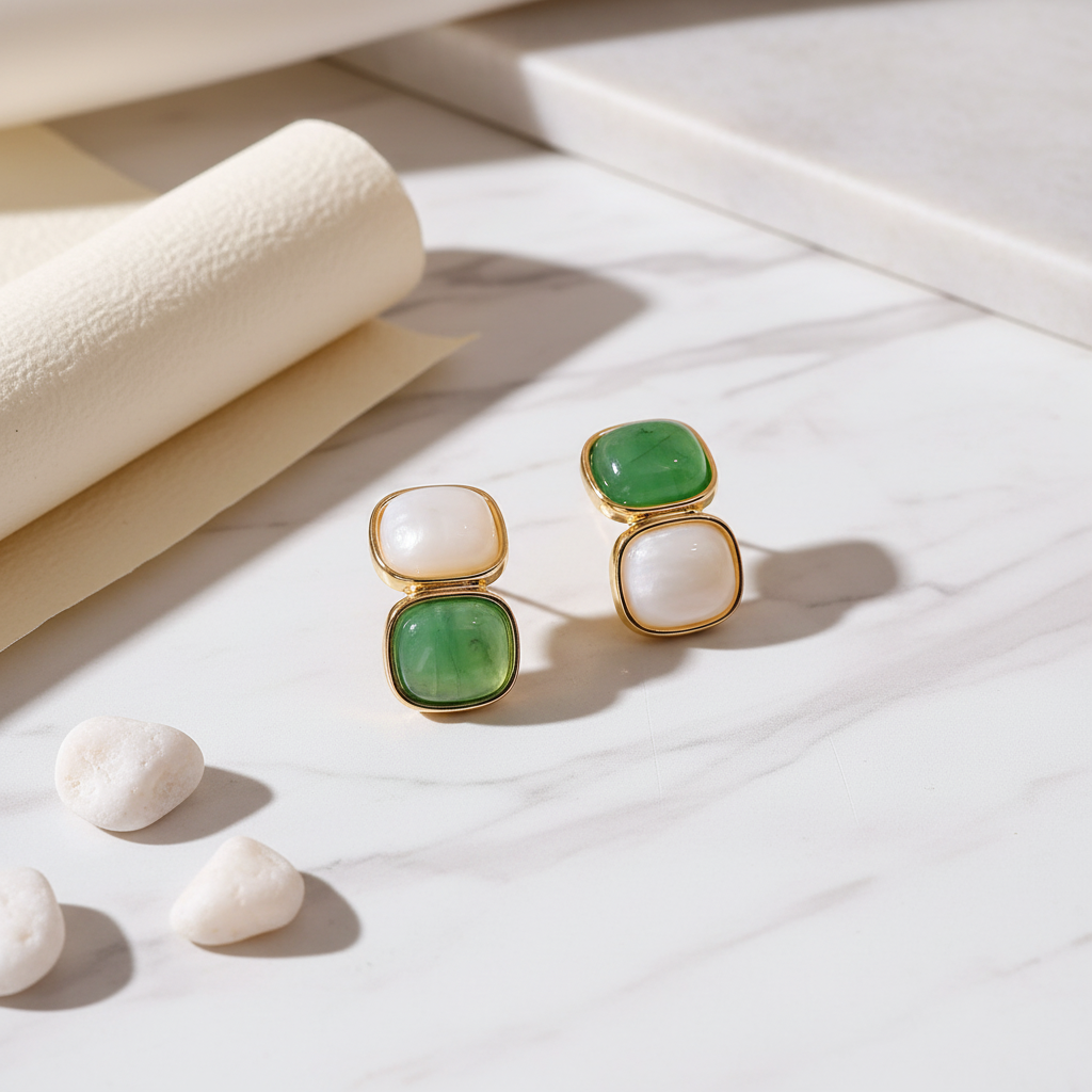 Elegant Earrings with White and Green Stones in Gold