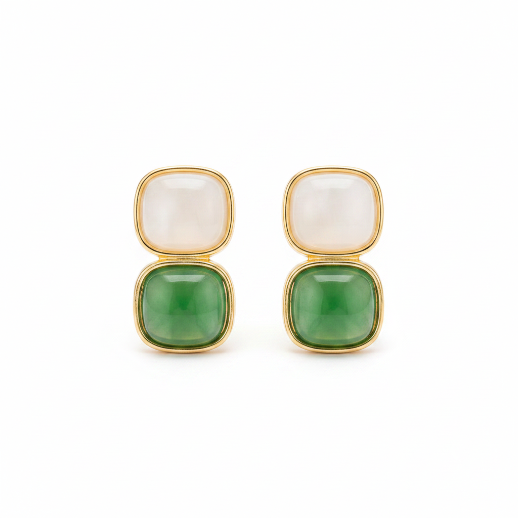 Elegant Earrings with White and Green Stones in Gold