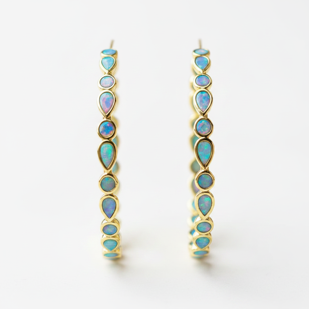 Vintage Blue Opal Golden Hoop Earrings