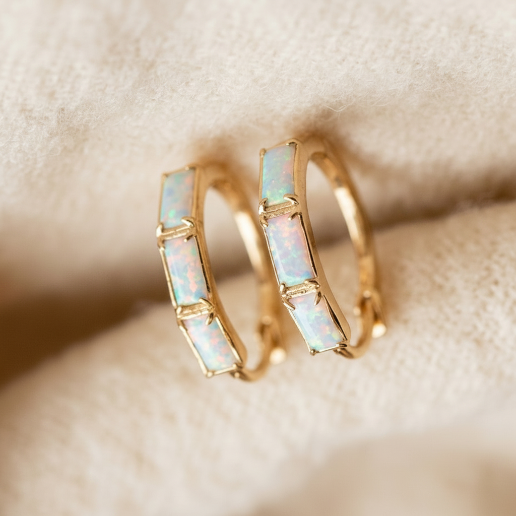 Vintage Opal Gold Hoop Earrings