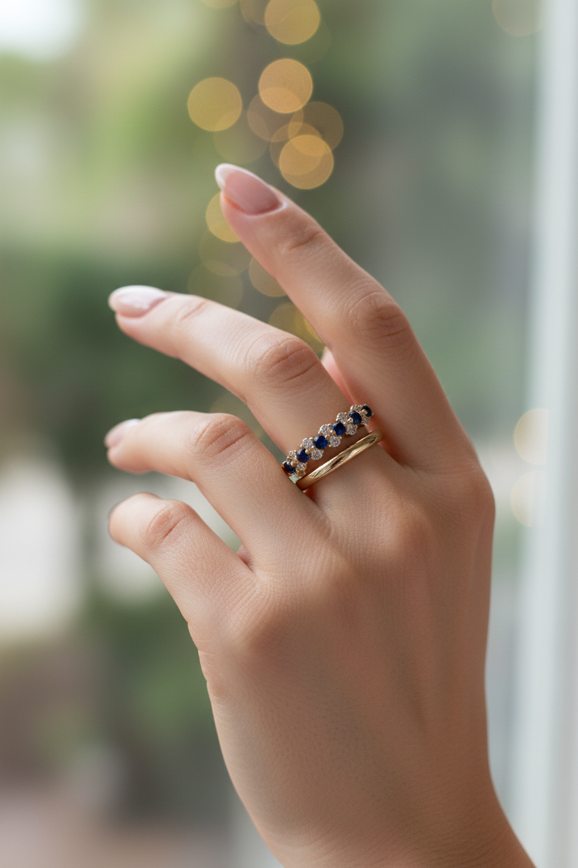 Woman wearing Vintage Blue Zirconia Ring Set - Portrait