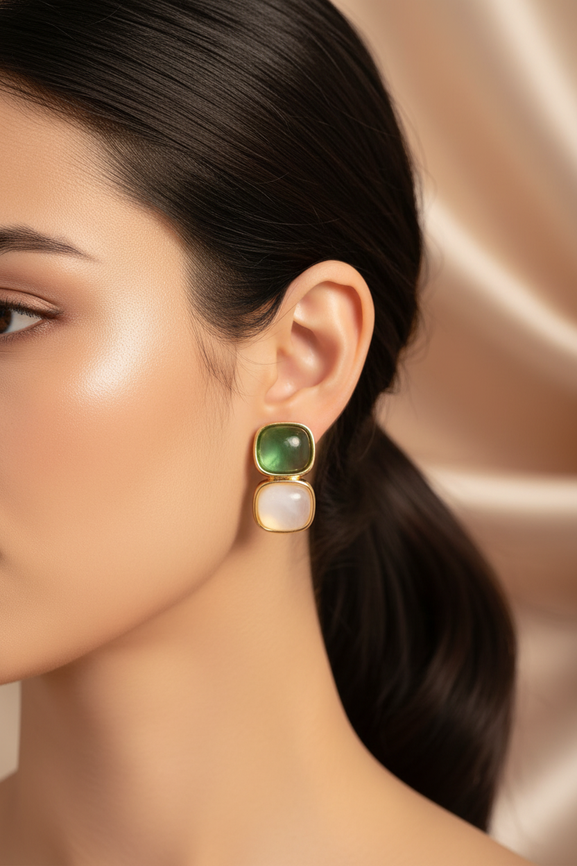 Woman wearing Elegant Earrings with White and Green Stones in Gold