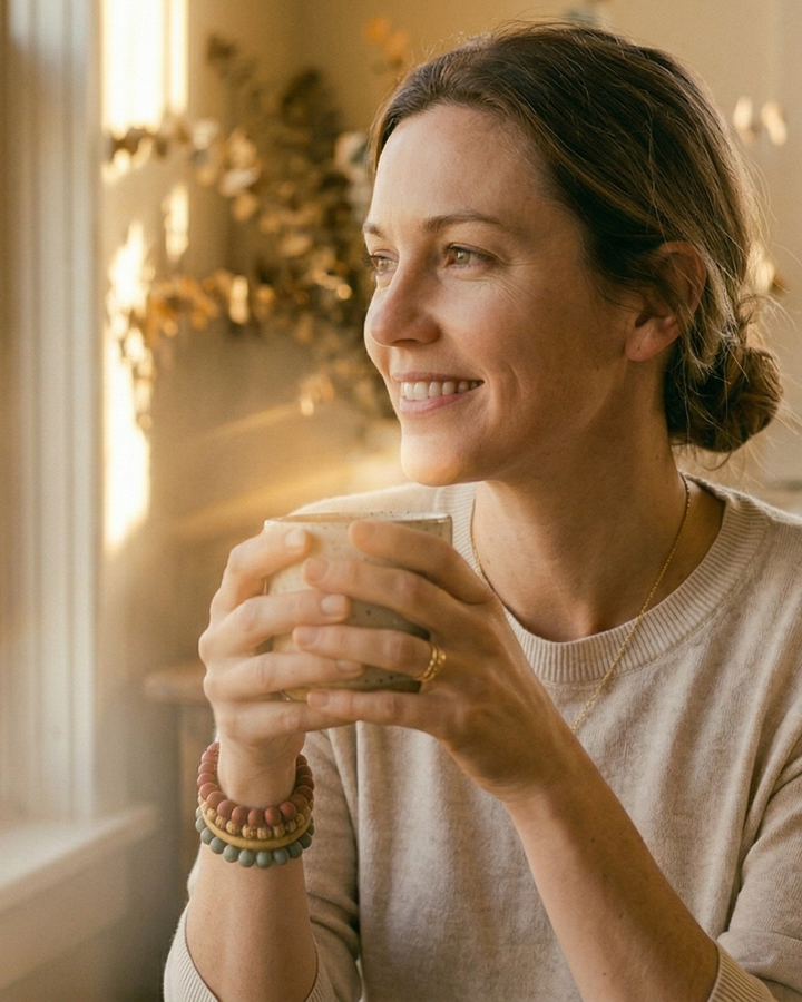 Woman holding a mug by a window with a scenic view