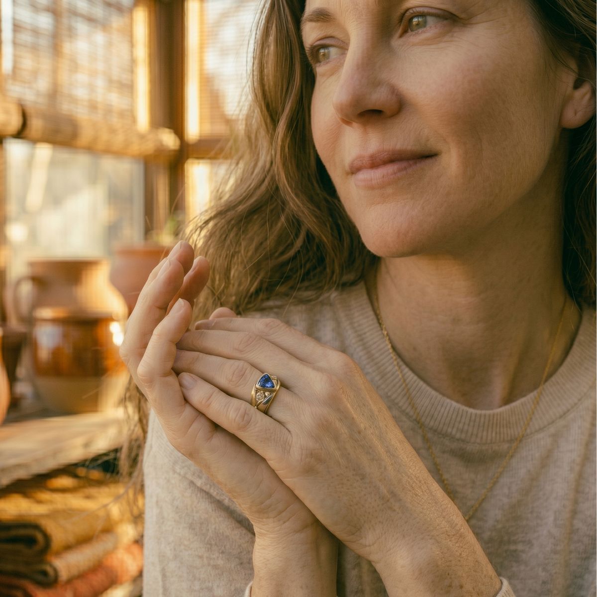 Woman wearing a ring with a blue stone in a warm, indoor setting.