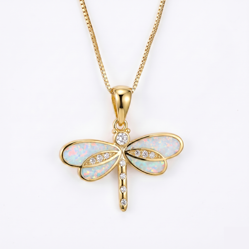 Dragonfly necklace in gold with small opal center. By Sophi.