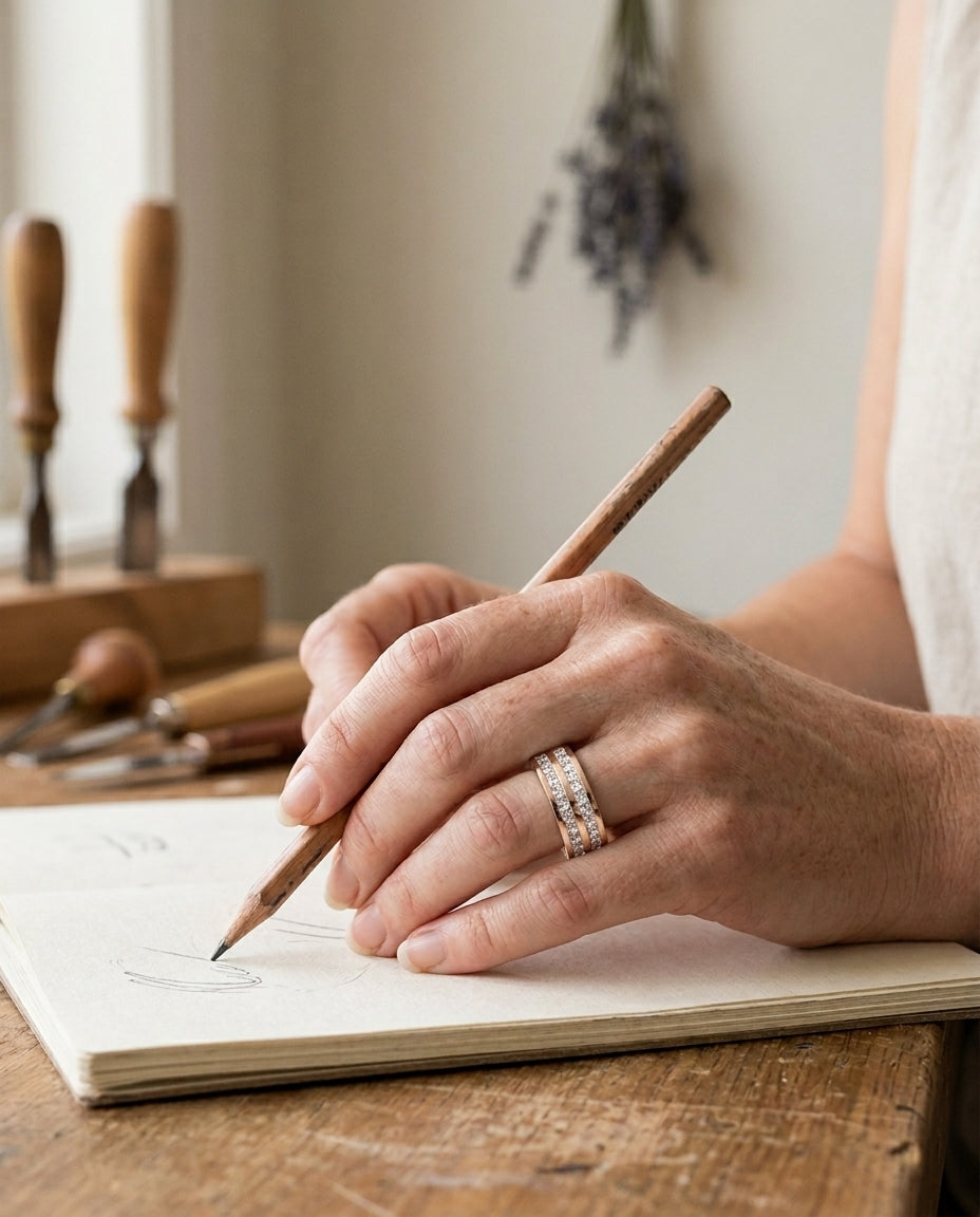 Elegant inlaid zirconia ring on hand holding a pen at a workshop bench