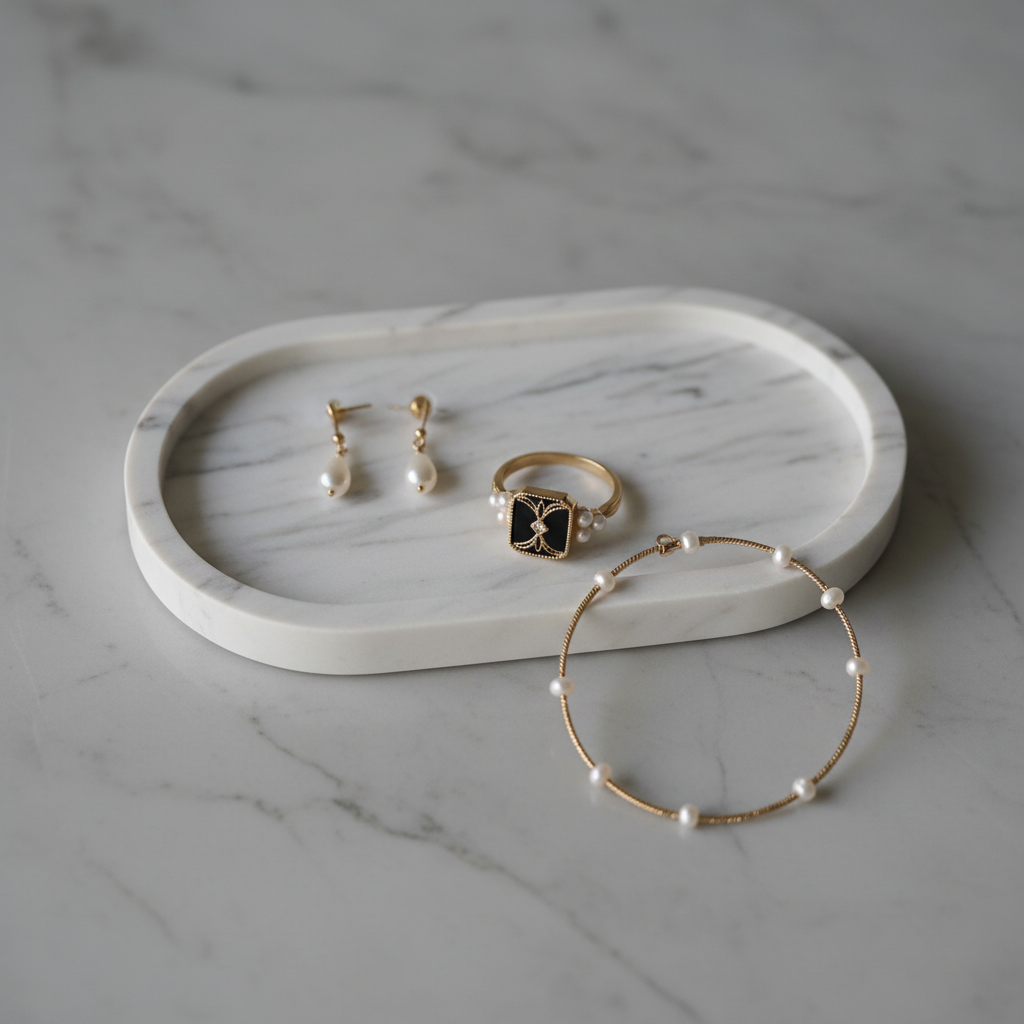 Black Enamel & Pearl Gold Ring