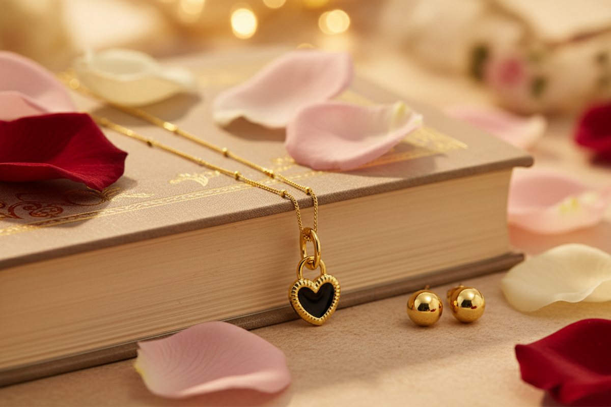 Black and White Heart Pendant Necklace in Gold