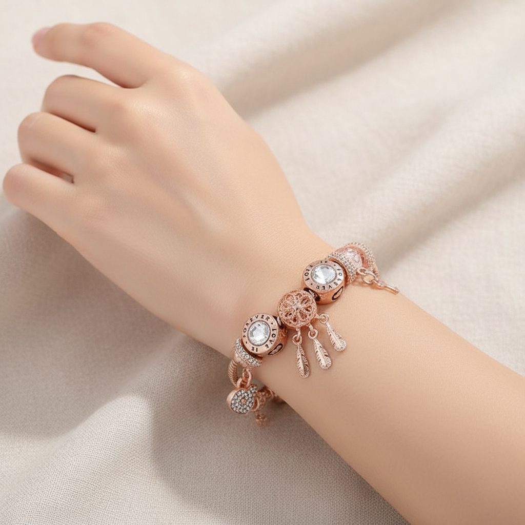 Rose Dreamcatcher Bracelet with Charms in Sterling Silver