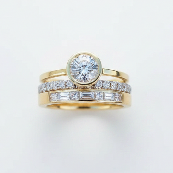Gold ring with diamond and baguette stone on a light gray background