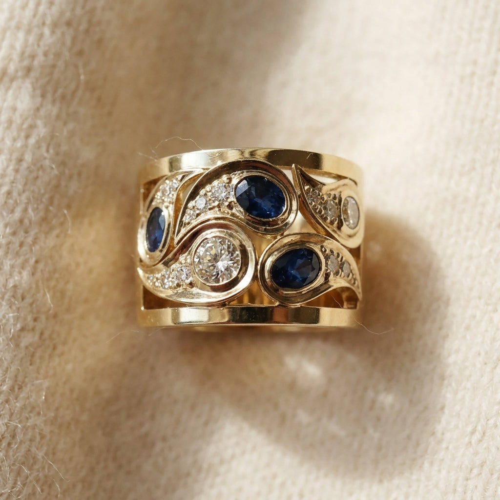 By Sophi Vintage Golden and Zirconia Ring, detail macro on warm cream wool