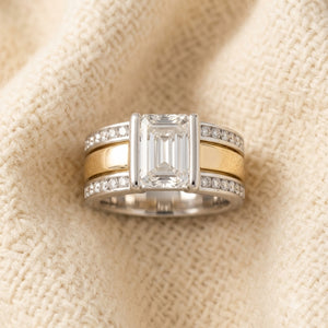By Sophi Vintage Two-Tone Inlaid Crystal Glass Ring, flat-lay on warm cream wool
