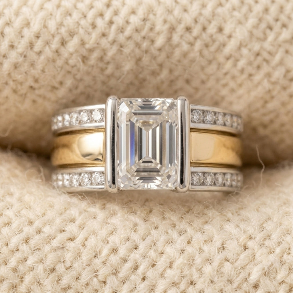By Sophi Vintage Two-Tone Inlaid Crystal Glass Ring, detail macro on warm cream wool