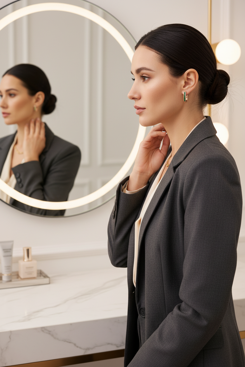 Woman wearing Elegant Green Zirconia Earrings getting ready for work