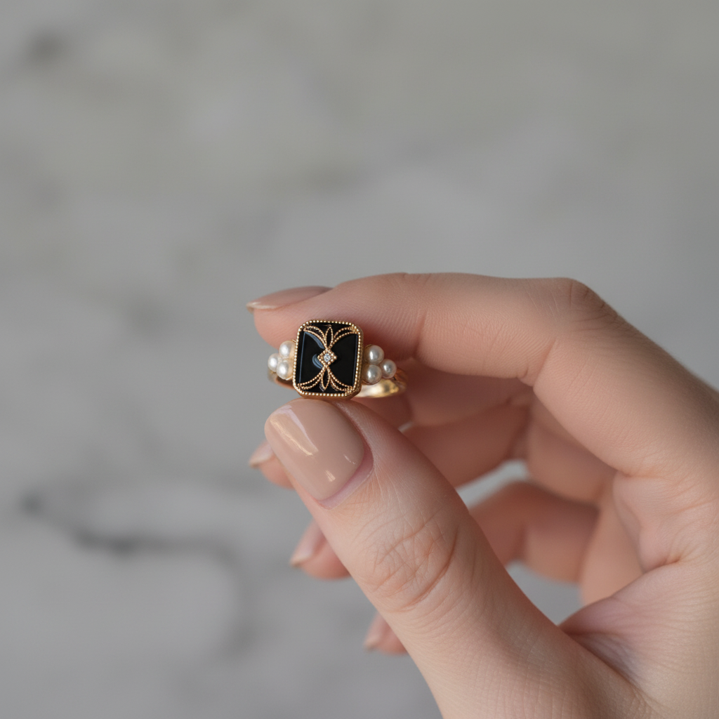 Black Enamel & Pearl Gold Ring