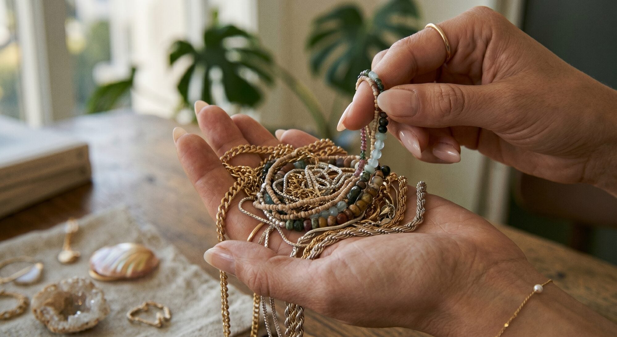Hands holding a curated mix of jewelry